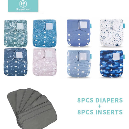 8 Diapers+8 Inserts Baby Cloth Diapers One Size Adjustable Washable Reusable Cloth Nappy for Baby Girls and Boys