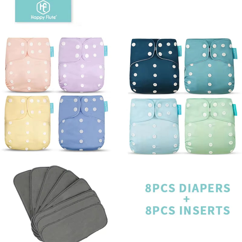 8 Diapers+8 Inserts Baby Cloth Diapers One Size Adjustable Washable Reusable Cloth Nappy for Baby Girls and Boys