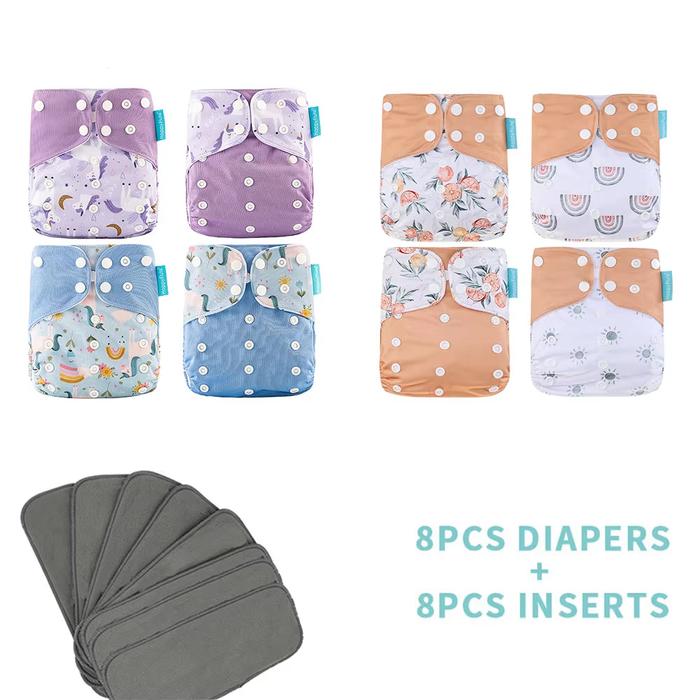 8 Diapers+8 Inserts Baby Cloth Diapers One Size Adjustable Washable Reusable Cloth Nappy for Baby Girls and Boys